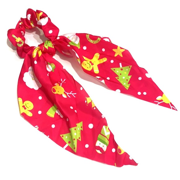 Christmas Holiday Scarf Scrunchie Ponytail Holder 2 in 1 Santa Tree - Picture 2 of 5